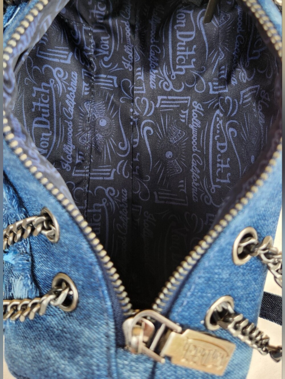 Von Dutch Distressed Denim Barrel Shoulder Bag - Picture 7 of 15